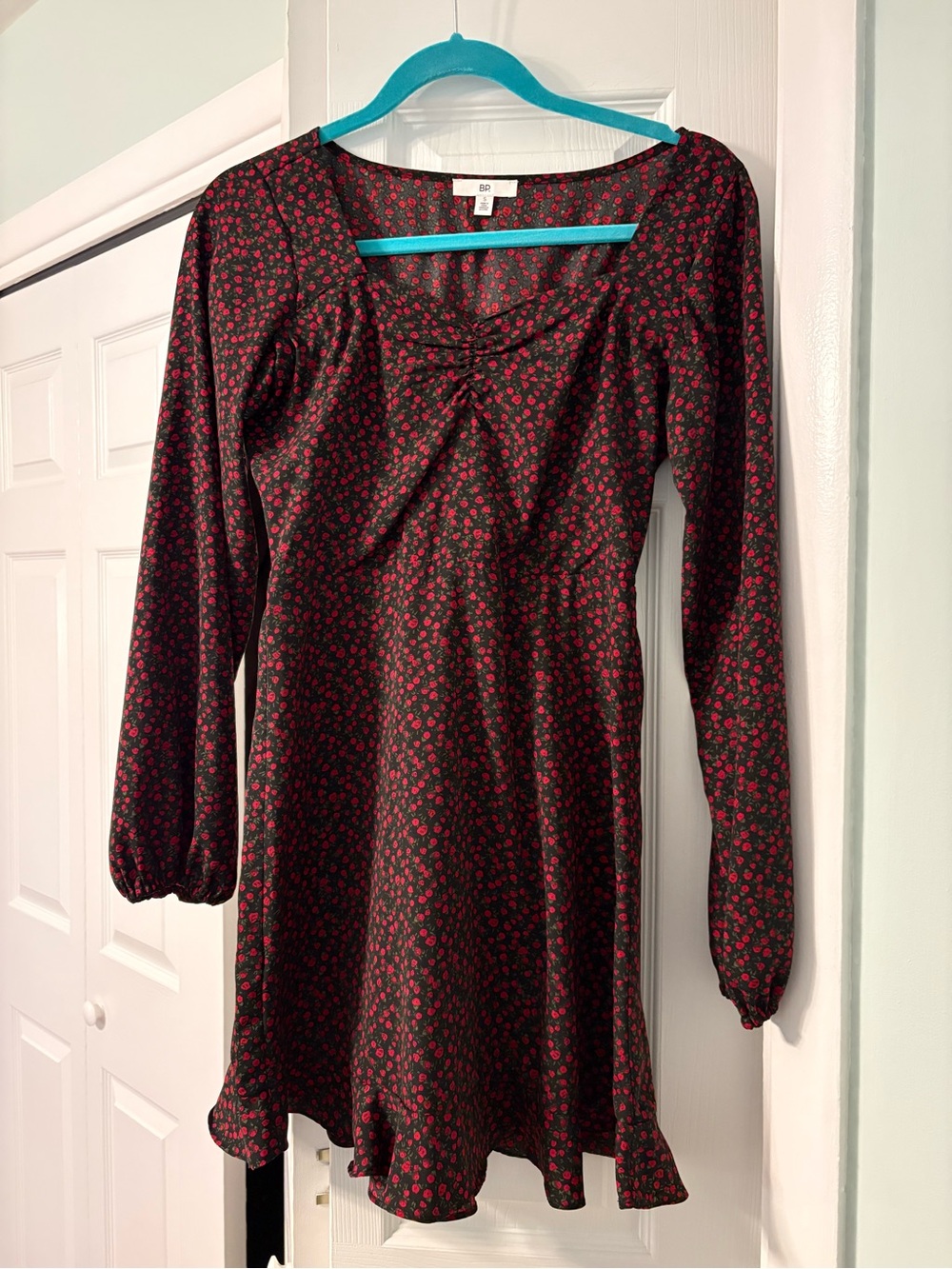 bp Black Mini Dress with Red Floral Print
